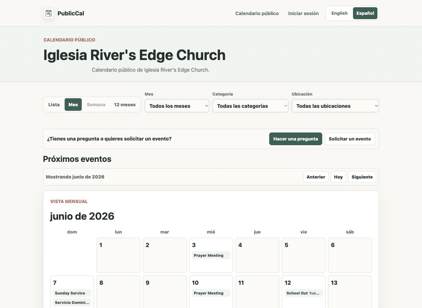 PublicCal month calendar view