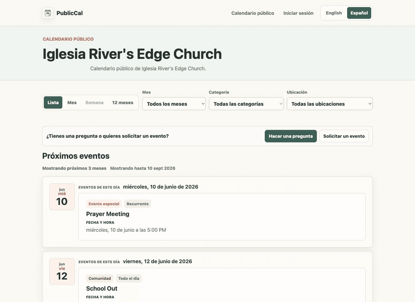 PublicCal public calendar list view on desktop
