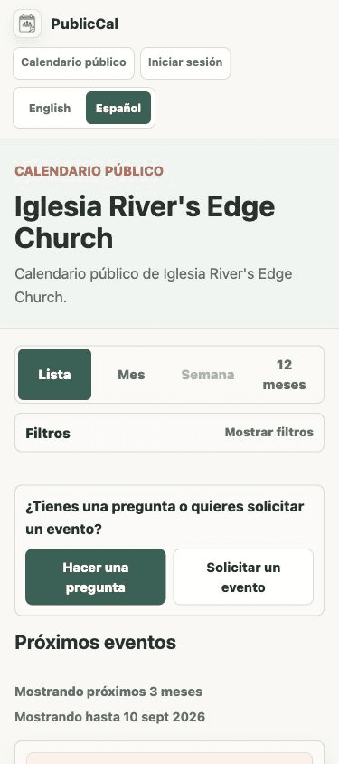 PublicCal public calendar on a mobile phone width